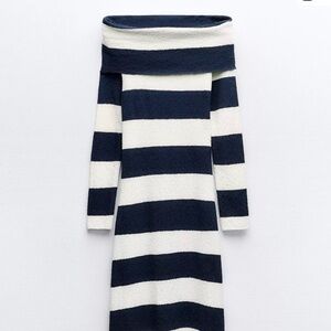 Zara Striped Long Sleeve Cowl Neck Midi Off-Shoulder Sweater Dress